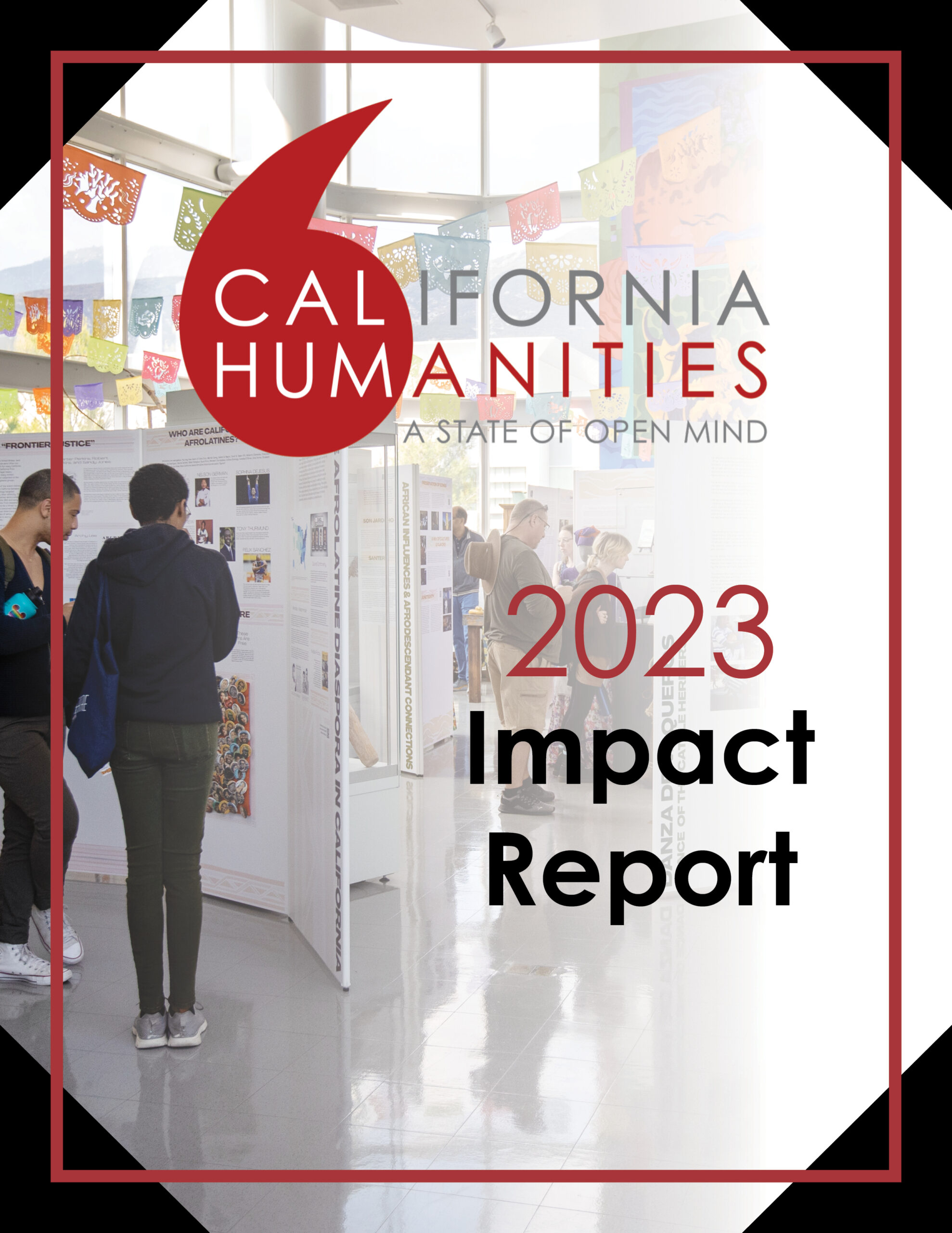 Impact report page 1 view: Red banner with California Humanities logo and "Impact Report 2022" title text. A section for "Program Highlights" with summaries of grant programs, and impact numbers section.