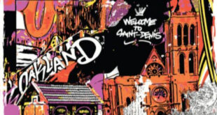 A street art-inspired graphic including images of buildings in Oakland and Saint-Denis, with the words "Oakland" and "Welcome to Saint-Denis."