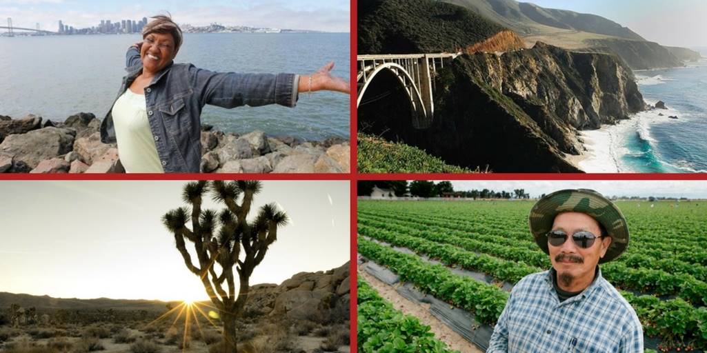 Four pictures depicting different areas of California. A person with arms stretched in front of a body of water; a cactus in the desert; a coastal cliffside; a farm with rows of green vegetables.