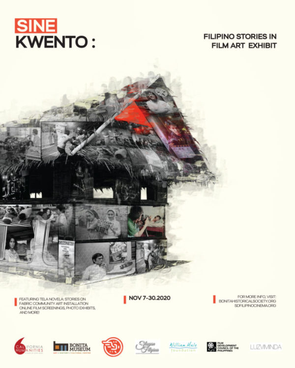A poster for the Sine Kwento exhibit that shows a straw home with pictures on it.