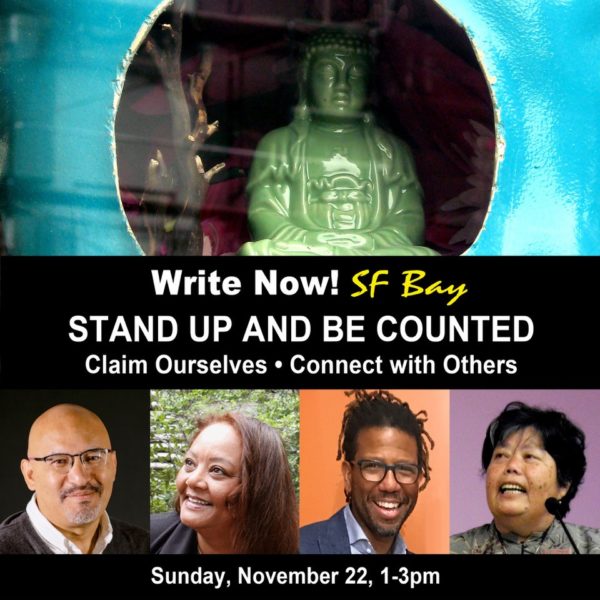 Write Now event flyer with a green deity-like statue and photos of presenters.