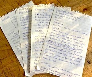 A stack of papers with handwritten recipes.