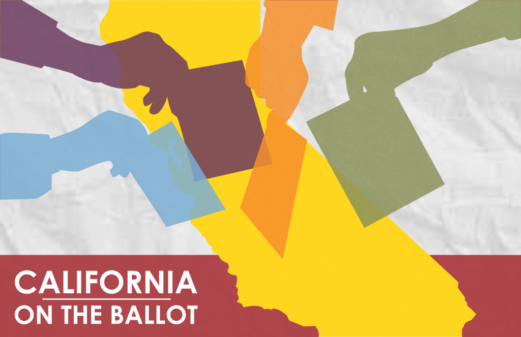 Multiple hands in various colors hold papers. Behind them is an outline of the state of California.