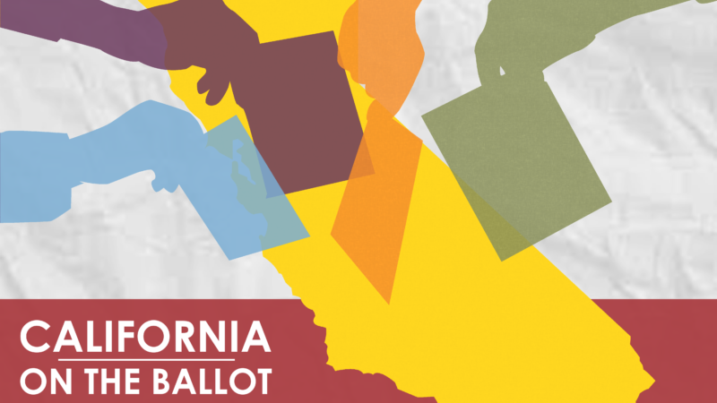 Multiple hands in various colors hold papers. Behind them is an outline of the state of California.