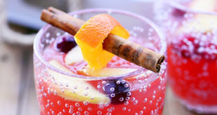 A photo of a glass filled with cranberry orange holiday punch topped with a cinnamon stick.