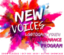 A flyer with lots of colors tht reads, "New Voices"