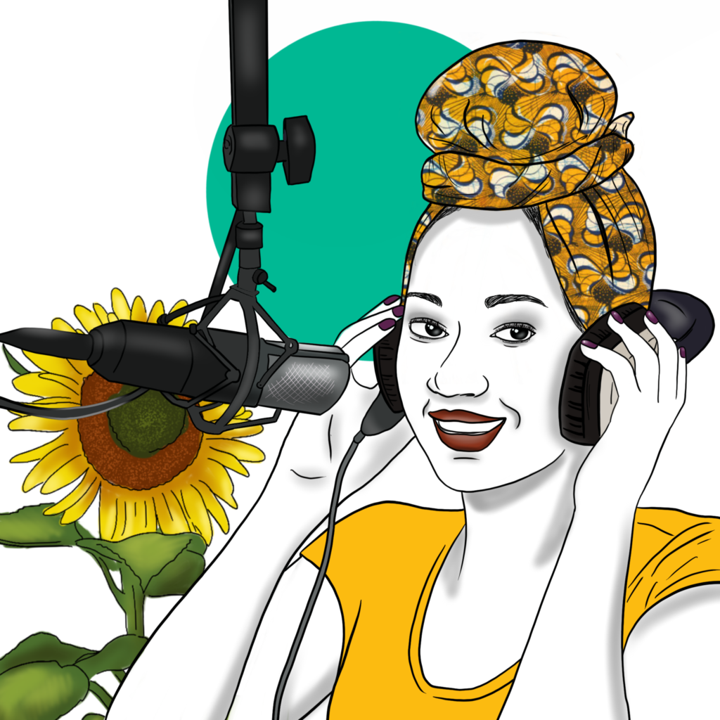 A colorful illustration of a person with long hair wrapped on top of their head holding a sound piece and speaking into a microphone. There is a sunflower and green circle behind them.