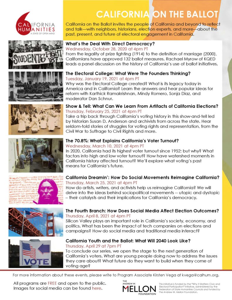 A colorful poster with dates, time, and descriptions of different events along with a photo to accompany.