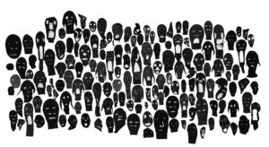 Numerous rows of faces/black persons images.