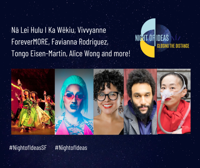 A photo resembling different moon phases in blue and yellow with the event's date and time and photos of presenters and performers.