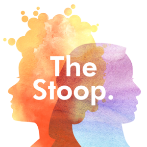 An colorful illustration featuring two silhouette and the words "The Stoop."