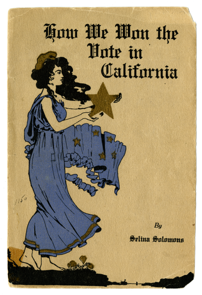 A person with long hair and a long blue dress is barefoot standing by the water. They hold a gold star in their hand and the poster reads, “How We won the Vote in California by Selina Solomons.”