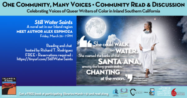 A colorful flyer with details of the event. A person wearing all white walks on water with a bright full moon in the background.