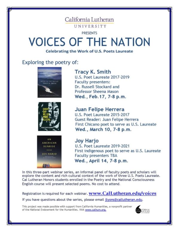 A flyer with descriptions of the poetry panel events accompanied by photos of poetry book covers.