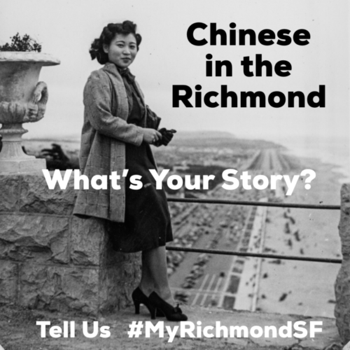 A person of Chinese descent stands on a balcony next to a planter. Below is a wide highway. The photo is black and white and includes details of the event.