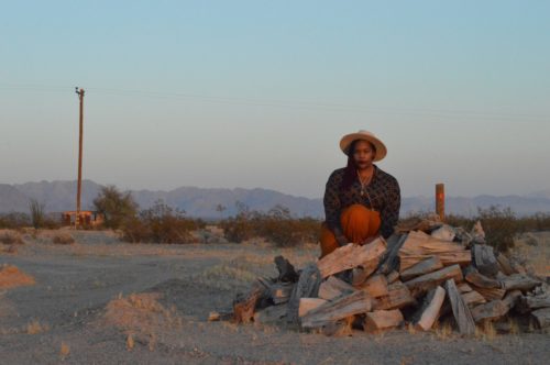 A person sits near a pile of wood. Mountains and nature surround them.