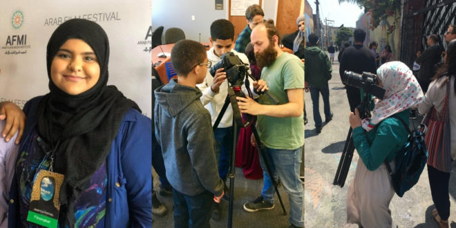A triptych photo showing a person wearing a hijab in from of the film festival sign, three person looking at a video camera, and a youth wearing a hijab on a busy street shooting footage with a video camera.