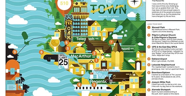 A colorful graphic illustration map of a section of Oakland, CA.
