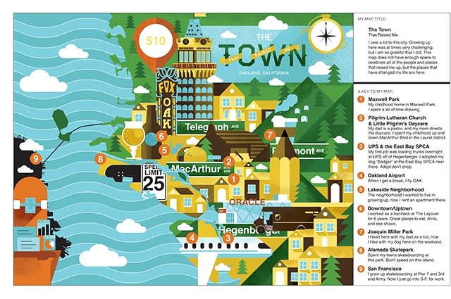 A colorful graphic illustration map of a section of Oakland, CA.