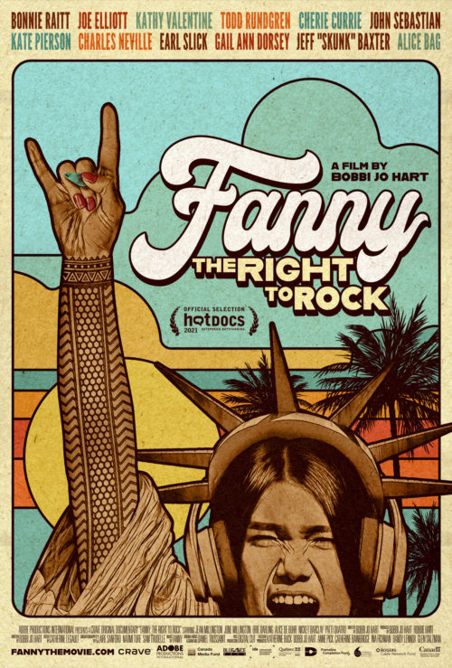 A person with headphones and a state of liberty headband’s mouth is wide open. Their fingers show a rock symbol. Details regarding the film are on the poster.