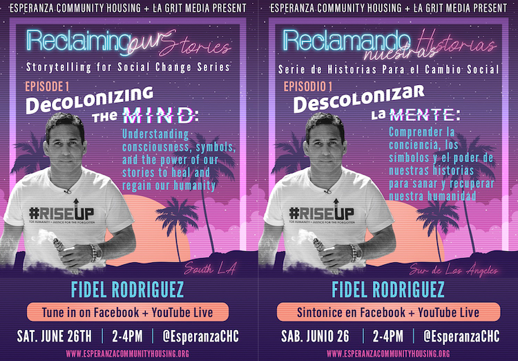 A mostly purple flyer with a person wearing a white t-shirt and details of the event in English & Spanish languages.