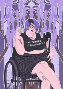 An illustrated photo of a person sitting in a wheelchair.
