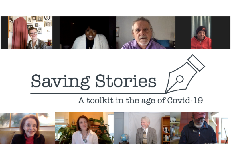 A flyer with photos from the 8 Saving Stories participants and the title of the project.