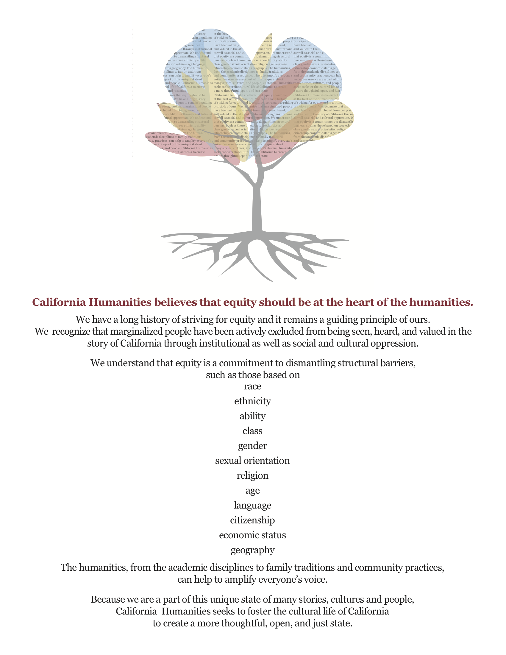 A tree with colorful leaves filled with words and the equity statement below it. Includes a link to pdf version of statement.