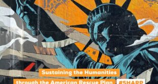 The top of the Statue of Liberty with an orange background and details regarding the grant program.