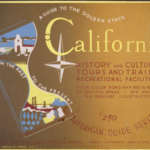 A flyer with text and California landmarks.