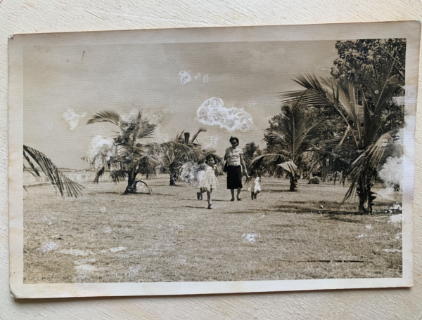 An old photo of a lady with two children holding hands and walking through trees.