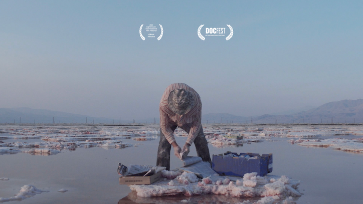 Film Poster with a person bending over looking at the sand on a beach.