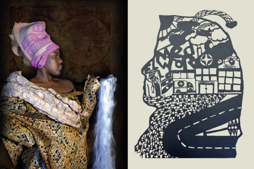 A person with their head wrapped in a cloth and wearing a leopard print looks to the side. On the right is a black and white illustration.