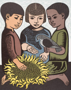 An illustrated print of three children, a sunflower, and a bird.