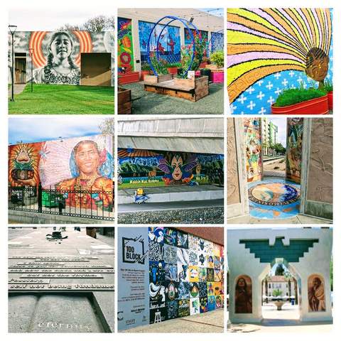 A grid of photographs of public art along a walking tour.