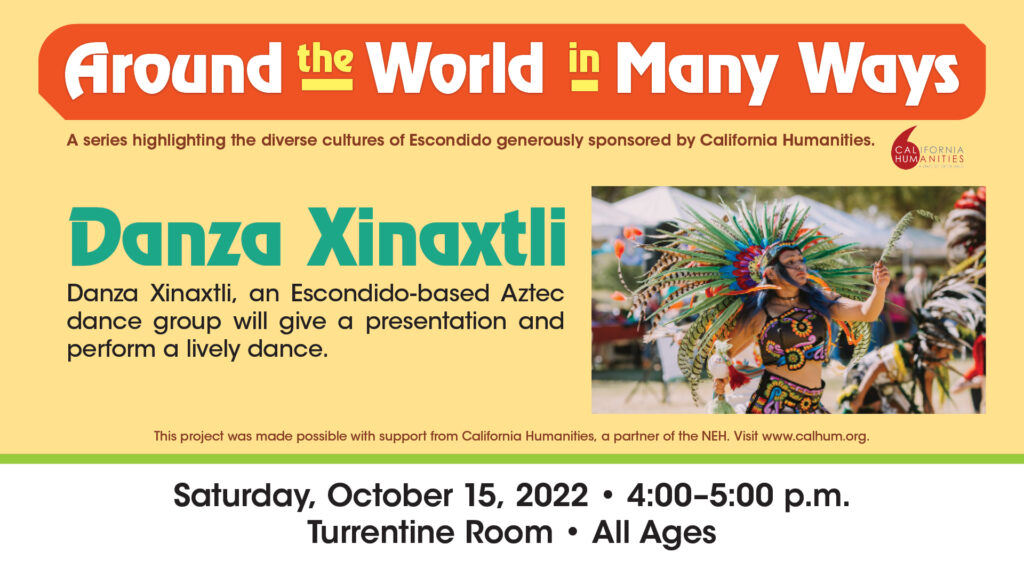 An orange flyer with green text and an image of an Aztec dancer