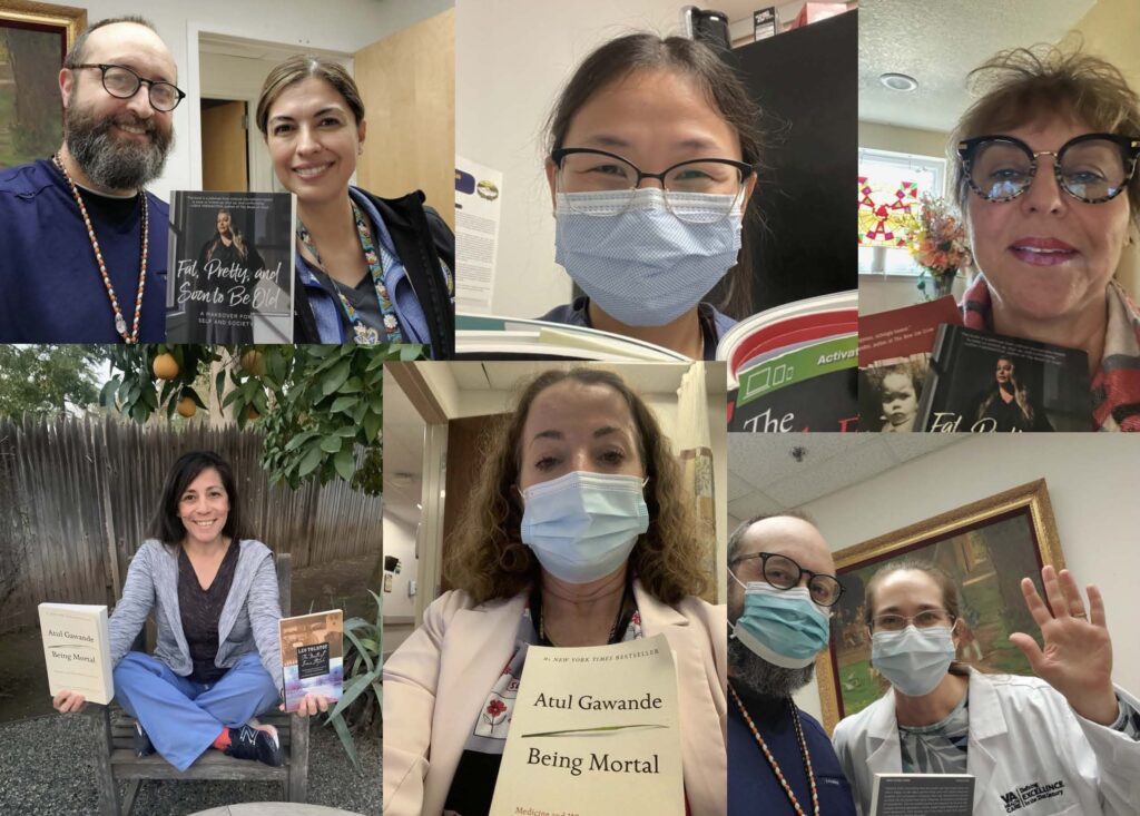 Photo collage depicting selfies of healthcare professionals wearing masks and holding books they are reading