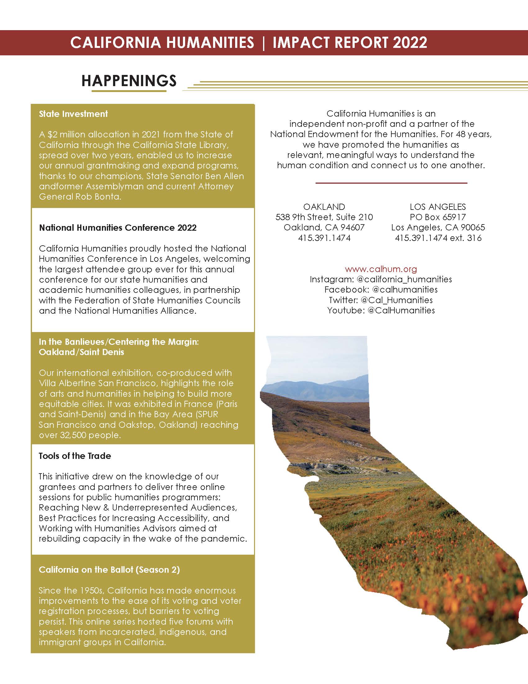 Page of impact report. Red banner across the top with words California Humanities |  Impact Report 2022, and "Happenings" section as well as image of California state outline with a photo of field of poppies.