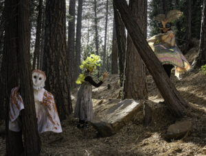 Three actors/performers standing amidst a forest of trees, one wearing an owl costume, one wearing a costume of leaves, and one with an insect costume.