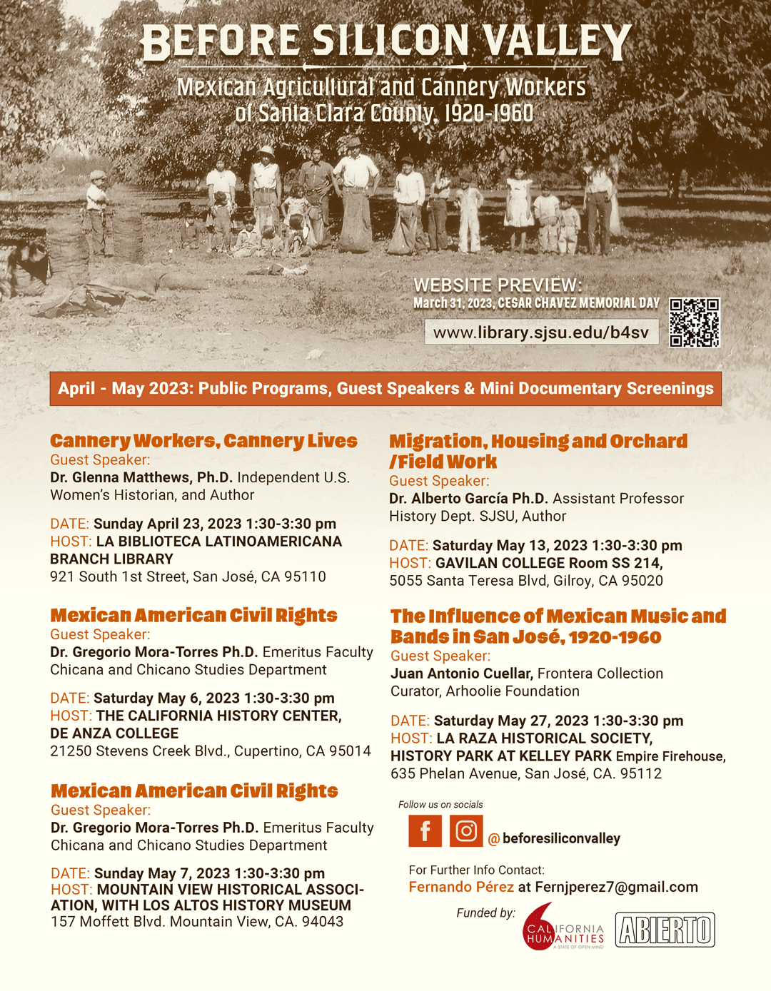 Flyer of public events from the Before Silicon Valley Project