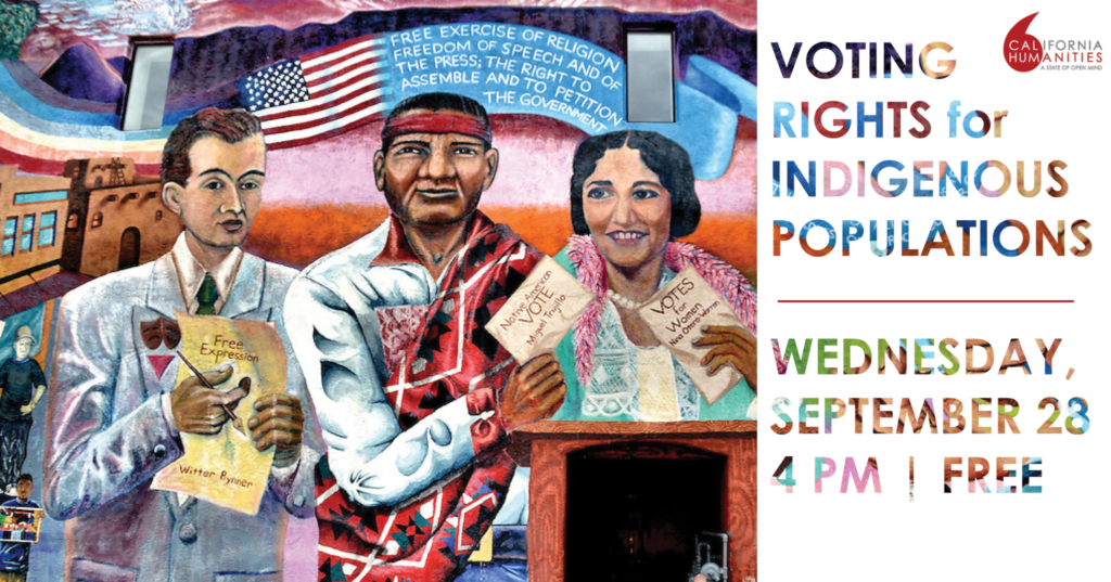 A colorful mural of Indigenous people voting