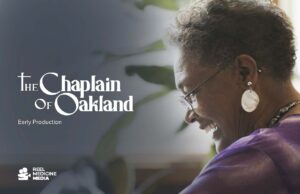 Chaplain of Oakland film poster showing a woman in profile with white earrings and a purple shirt.