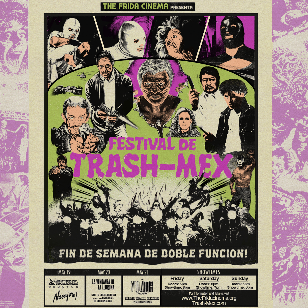 A poster with characters from Mexican cinema in a purple border.