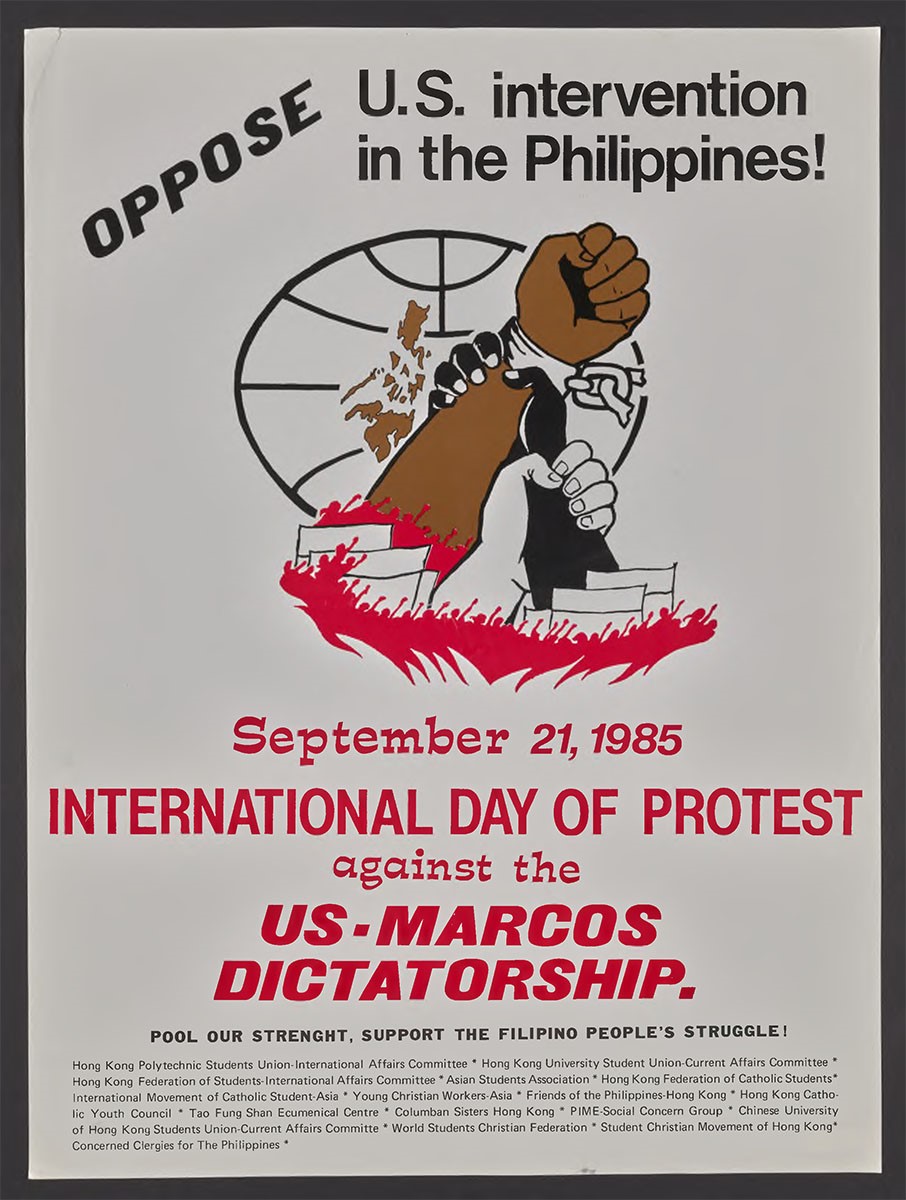 Poster depicting a black and white hand grasping a brown hand in solidarity, with title "Oppose U.S. Intervention in the Philippines!"