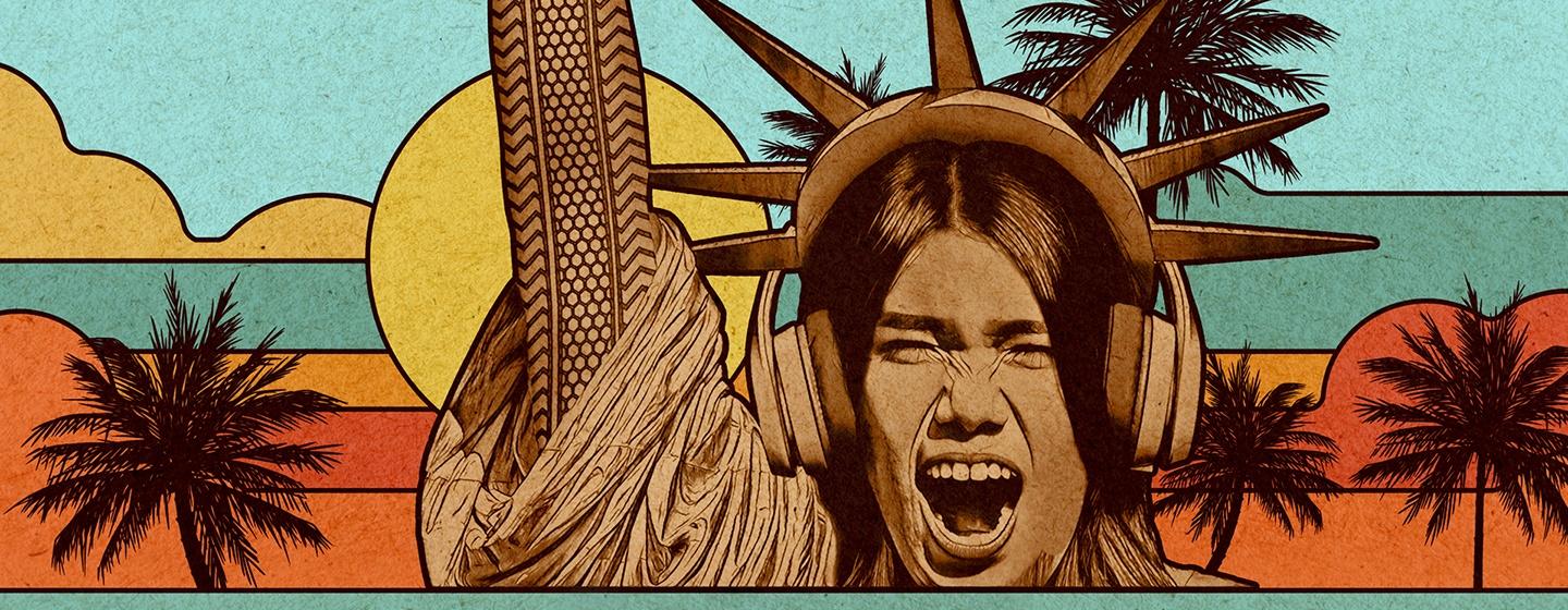 Banner showing a woman with long hear with her right arm in the air and mouth open and headphones, with images of sun and palm trees in the background.