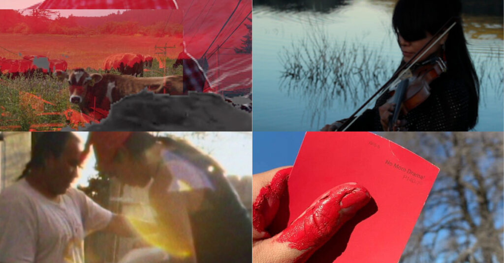 Quad of four film stills: a cow surrounded by red video graphics, a woman plays a violin next to a still pond, a hand with fingers painted red holds a red card against the sky, two people stand outside portrayed behind a yellow video filter.