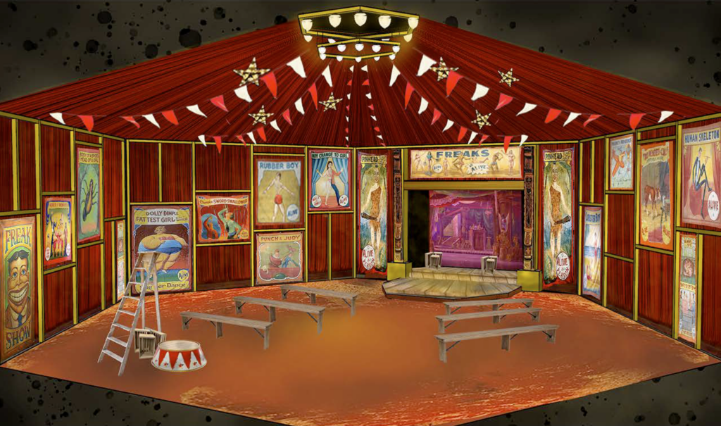 artwork showing production design for Schlitzie project, showing a red circus tent with red and white bunting on the ceiling