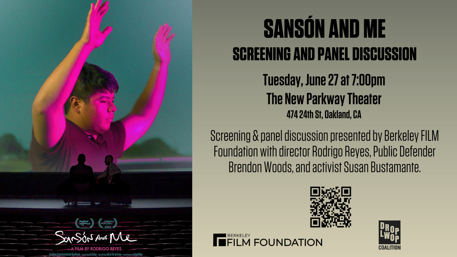 Film screening promo image featuring poster of boy with arms raised lit by a pink light, and title on the left Sanson and Me at the New Parkway Theater