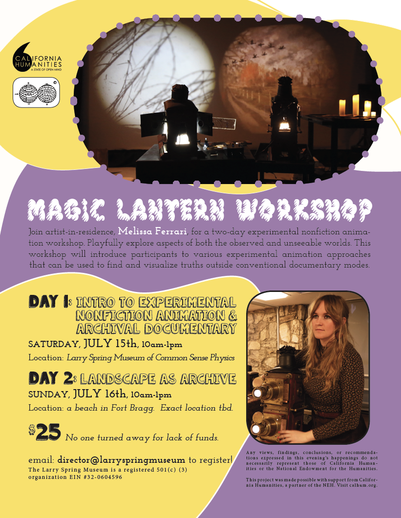 Poster in purple and yellow advertising a magic lantern workshop with artist melissa ferarri