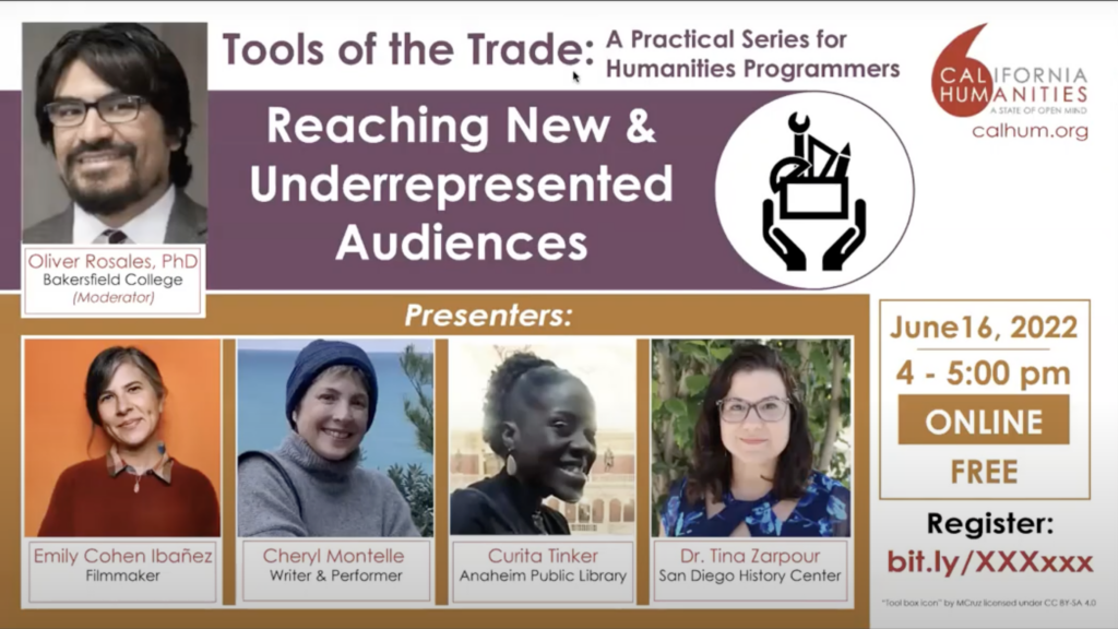Tools of the Trade promo image showing four speaker headshots and text Reaching New & Underrepresented Audiences.